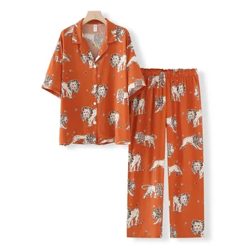 Дамски есен облекло и комплект панталон с къс ръкав, Удобна домашно облекло, Пижами свободно намаляване с принтом животни, Пижамный костюм