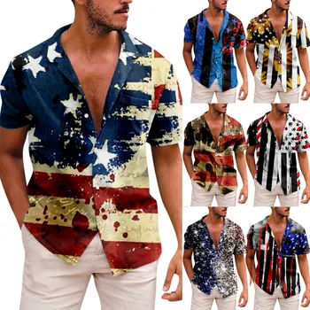 Новата риза с къс ръкав в Деня на Независимостта на САЩ, мъжки ежедневни плажен топ с принтом, Лятна мода елегантен мъжки дрехи