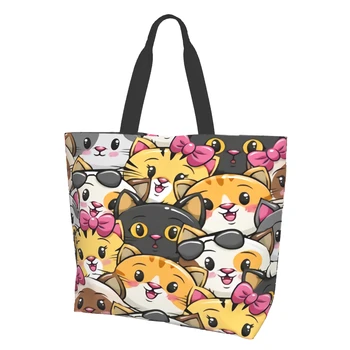 Компактни чанти-тоут с шарени хубава котка от картун за жени, за Многократна употреба за хранителни стоки чанти, големи чанти за пазаруване