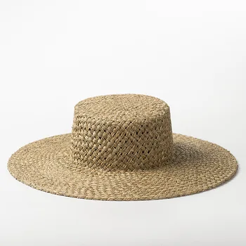 Сламена шапка с плосък покрив от морски водорасли ръчно изработени за туризъм на открито, защита от слънцето, плажна оцветяване, шапка с плосък покрив