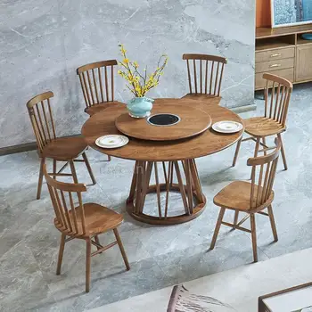 Скандинавските столове за кухня, домакински разтегателен кръгла маса за хранене от масивно дърво с превръщането маса, модерна проста мебели за трапезария