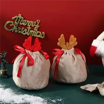 Коледна торбичка за бонбони, чанти с Оленьими рога, Кадифе, подаръчни пакети със Заек, чанти за Дропшиппинга, Украса за парти 2024 Нова Година