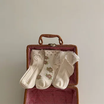 3 чифта/комплект от Дантелен Чорапи на Принцеса за момиченца, Корейски лък, Детски чорапи с цветя модел, Меки памучни чорапи за новородени
