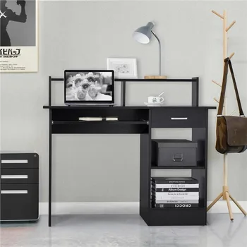 Дървена компютърно бюро за домашния офис LISM с чекмеджета и поставка за клавиатура, черен