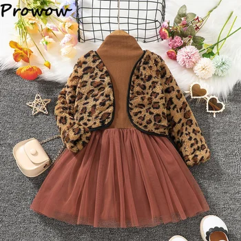 Prowow/ Детски зимни рокли за момичета от 4 до 7 години, Леопардовое палто с дълги ръкави, яке и Сетчатое рокля в стил мозайка, Детски дрехи за момичета