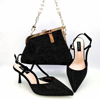 Cinessd 2023 INS/ Модерен, Елегантен Комплект женски обувки и чанта в черен цвят за партита и сватби, украсен с кристали
