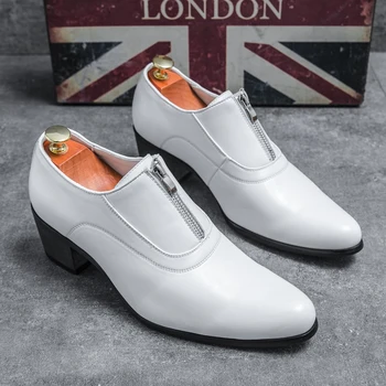 Класически, Стилни Кожени Oxfords, мъжки Елегантни ежедневни обувки са с цип, мъжки обувки на висок ток, Ново 2023 г., Бизнес работна мъжки обувки с остър пръсти