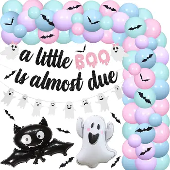 Декорации за детската душа на Хелоуин за момичета A Little Boo Is Almost Due Банер в пастелни цветове, с венец от балони с духове на Хелоуин