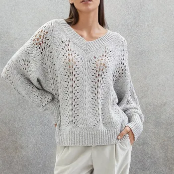 Жена Пуловер с пайети, Кашмир смес, Без V-образно деколте, Есенни Женски обикновен пуловер 2023 г.