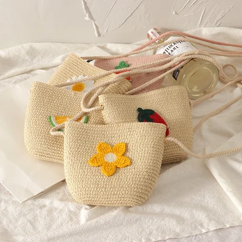 Чанта за ръчно изработени Детски Мини Чанта с цвете За момичета Скъпа Сламена чанта през рамо за деца, Слама Кроссбоди, Нов изискан Плодов раница
