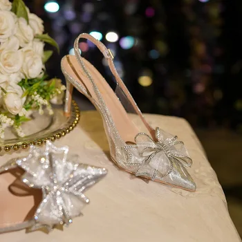 Дамски сандали, нови Сватбени обувки с остър пръсти на тънък ток, блестящ материал, планински кристал, папийонка, дамски обувки на малък ток