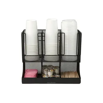 Вертикален органайзер за съхранение на кафе, подправки и чаши с 6 отделения, черна метална мрежа