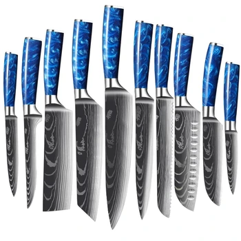 Комплект кухненски ножове, дръжка от синята смола, Лазерно Дамасское нож, Ножове готвач, Нож за суши Сантоку, Нож за нарязване, Японски Комплекти Ножове