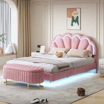 Спален комплект от 2 теми, Двойно легло на платформата с led подсветка и пуфиком за съхранение-Кадифена, розов