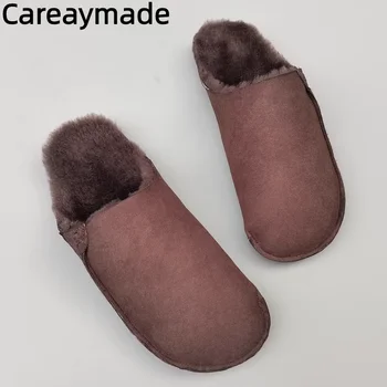 Careaymade-Мъжки чехли от вълна от овце с вградена подплата, ежедневни обувки от чиста вълна от вътрешната страна, зимни нескользящие обувки на плоска подметка