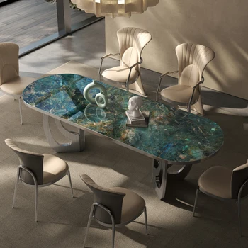 Италиански мрамор в луксозна каменна плоча, метална маса за хранене, луксозна модерна минималистичная вила, дом правоъгълен микрокристаллический маса за хранене