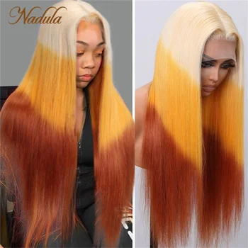 Nadula права коса 13x4 Перуки на дантели 3 Тона, Обратното Блондинистое Оранжевото и кафяви Омбре 150% Плътност, пъстри коса за жени