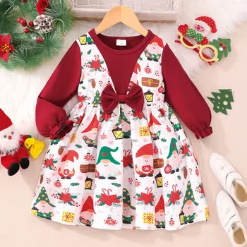 Рокля с дълъг ръкав за малки момичета, Коледна празнична рокля с мультяшными щампи, Скъпа Коледна детски дрехи 2023, Есен-Зима, на Новост