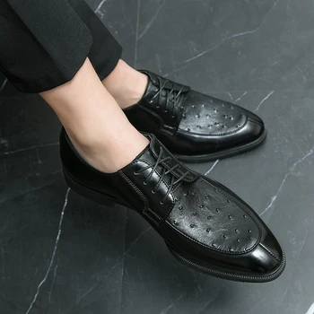 Луксозни Сватбени кожени обувки Oxfords в Британския стил, бизнес мениджър, Мъжки обувки, с резба по Броку, Модерен модел обувки за Булката, черни