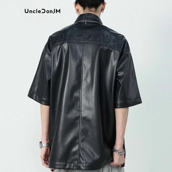 UncleDonJM Мъжка Риза с къс ръкав От Изкуствена Кожа, Градинска Ежедневната Мъжка Риза 2023, Пролетно-летни Мъжки Дизайнерски дрехи, Черен Цвят