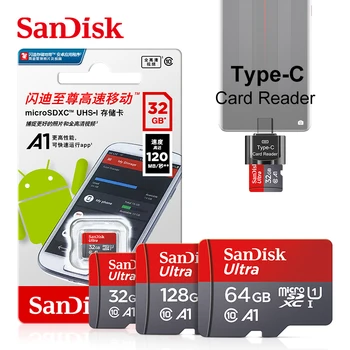 Карта памет SanDisk 128 GB, 64 GB, 100 MB/s. Карта Micro SD 256 GB UHS-1 Class10 32 GB, 16 GB флаш карта Памет Microsd Type-C Четец на карти