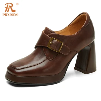 PRXDONG/Дамски обувки; Нови Маркови обувки-лодка от естествена кожа на Висок Масивна Ток и Платформа; Цвят Черен, Кафяв; Работна Дамски Обувки в стил ретро; Размер на 39