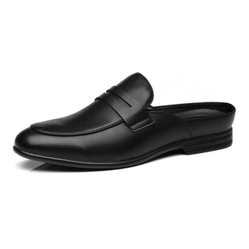 Черни Мъжки Обувки от 100% естествена кожа, Мъжки Джапанки, Ежедневни Дизайнерски Обувки, Модни Лоферы, Луксозни Черни Чехли 2023