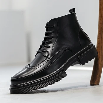 Черни броги с високо берцем, Класически Удобни дишащи обувки Челси в ретро стил, Мъжки есенни обувки, Модни Мъжки Зимни Плюшен Топло Обувки