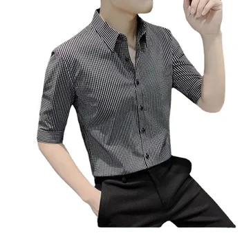 2023 Лятна мъжки нова риза с 3/4 ръкав в не Желязна ивица, Корейската версия, Приталенная Младежта однотонная тенденция ежедневна спортна риза