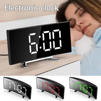 Дигитален будилник с извит плосък по-голям дисплей, led електронни настолни часовници, тихи настолни часовници за спални