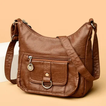 Малка кафява чанта Sweethearts през рамо в ретро стил с множество джобове, дамски чанти-незабавни посланици за крайградски пътувания, качествени миещи кожени дамски чанти
