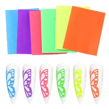 6 Цвята Флуоресцентни лазерни стикери за нокти с пеперуди Комплект самозалепващи Пеперуди Aurora, стикер за нокти 