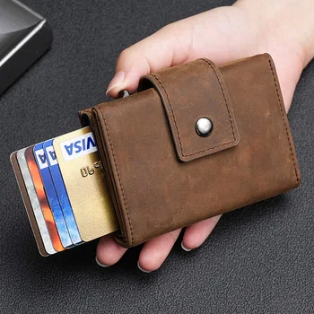 Чантата с притежател на кредитна карта от 100% естествена кожа, RFID-блокиране на трислоен тънък портфейл, умни мъжки портмонета за въздушни възглавници