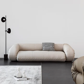 Черно, бяло, етаж разтегателен диван-легло за трима души от естествена кожа в скандинавски стил ретро