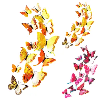 Нов Стил, 12 бр., двуслойни 3D стикери за стена с пеперуди, декорация за дома, пеперуди за сватбена украса, Магнитни стикери за хладилник
