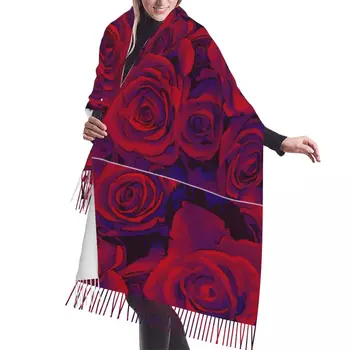 Зимен шал с пискюли, рози, червени цветя, женски кашмир шалове, врата, топло дамски шал от pashmina, кърпа