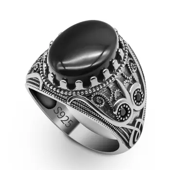 Продажбите на едро Оригинален пръстен от истинско сребро 925 проба, Ретро пръст, Естествен черен камък, Мъжки пръстен от сребро, камъкът