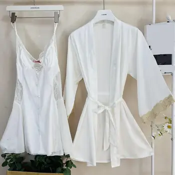 Комплект бял халат за булката, сексуална лейси нощница, пижами, дрехи за почивка, Женски лятото атласное Кимоно, халат, нощница, костюм за дома
