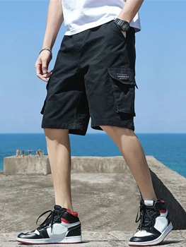 Летни обикновена шорти размер Оверсайз САЩ 5XL, мъжки къси Панталони Големи размери, мъжки къси панталони с еластичен ластик на талията, Връхни дрехи, Черни Плажни Дебели къси панталони-cargo
