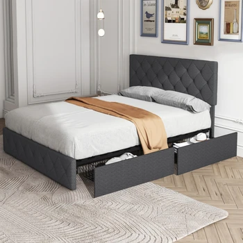 Модерен рамка на легло с мека тапицерия и 4 чекмеджета, легло-платформа с таблата копчета Тъмно сив цвят