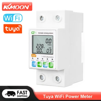 KKMOON Sasha WiFi Измерител на мощност, защита от автоматично повторно включване, измерване на текущото напрежение, LCD дисплей, м мощност на DIN-шина