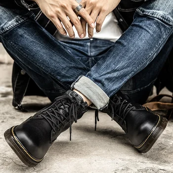 2023 Улични работни обувки от естествена кожа, двойка еднакви черни обувки Martin от телешка кожа, мъжки обувки, мотоциклетни ботуши за мъже и жени
