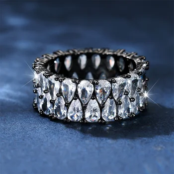 Луксозно Дамско Очарование, пръстен с бял кристал, Пръстени черен цвят За жени, Годежен пръстен с камък във формата на капка Вода, Бижута